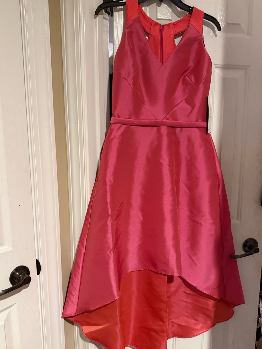 Theia Hot Pink Satin High-Low Color block Dress
